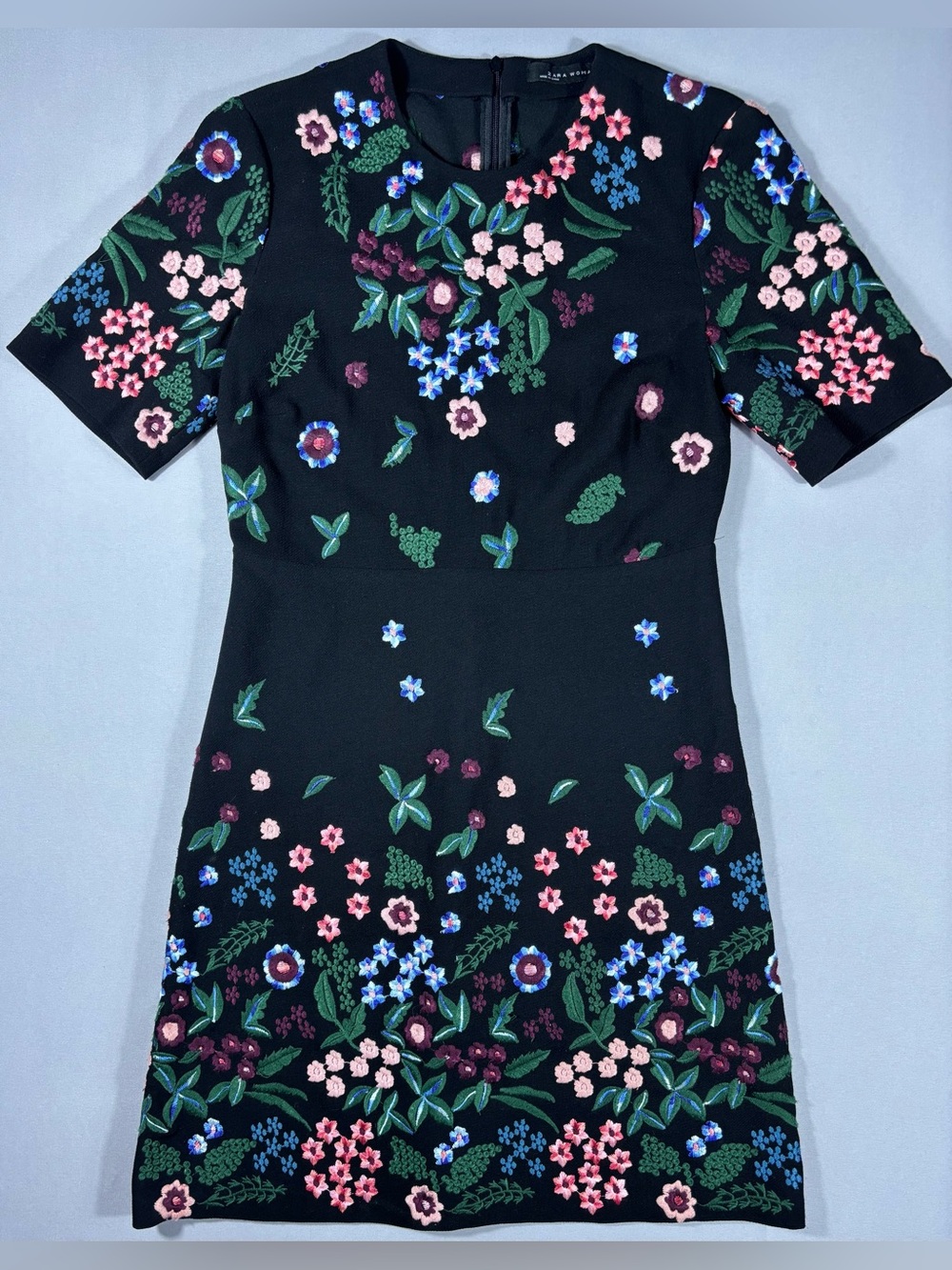 Zara Woman Floral Embroidered Mini Dress XS Black A-Line Short Sleeve